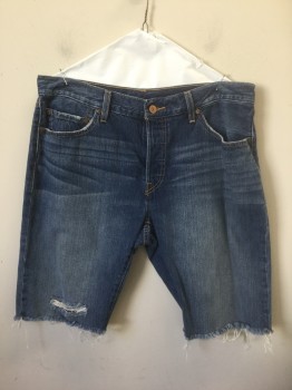 Mens, Shorts, LEVI'S, Denim Blue, Cotton, Solid, W:34, Medium Blue Denim, Whiskered Fading at Thighs, Cut Off Frayed Hem, Button Fly, 5 Pockets, 10.5" Inseam, Some Holes/Distressing