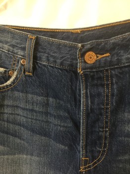 Mens, Shorts, LEVI'S, Denim Blue, Cotton, Solid, W:34, Medium Blue Denim, Whiskered Fading at Thighs, Cut Off Frayed Hem, Button Fly, 5 Pockets, 10.5" Inseam, Some Holes/Distressing