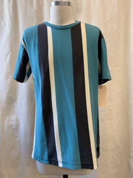 Mens, T-shirt, RVCA, Teal Green, Faded Black, Cream, Cotton, Stripes - Vertical , M, Teal Green/faded Black/cream Vertical Panel, Crew Neck, Short Sleeves, Small Stain at CF