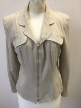 Womens, Blazer, FRANCINE B, Beige, Rayon, Wool, Solid, B36, 6, Crepe, Zip Front, Rounded Notch Lapel, 2 Faux Pocket Flaps at Chest, Fitted, Lightly Padded Shoulders,