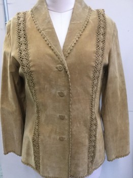 COLDWATER CREEK, Tan Brown, Suede, Cotton, Solid, Button Front, Collar Attached, Crochet Scalloped Trim, Crochet Stripe Inset Detail