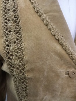 COLDWATER CREEK, Tan Brown, Suede, Cotton, Solid, Button Front, Collar Attached, Crochet Scalloped Trim, Crochet Stripe Inset Detail