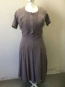 N/L, Dusty Lavender, Dusty Brown, Cotton, Gingham, Check , Short Sleeves, Shirtwaist with 4 Buttons (1 Has Been Replaced), Diagonal Pintucks at Bust, A-Line Shape, Hem Below Knee, Made To Order Reproduction, is Part of Set of Triples (3) **Barcode on Right Pocket