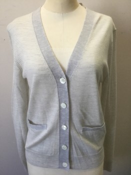 J.CREW, Lt Gray, Cream, Wool, Stripes - Horizontal , Light Gray and Cream Thin Horizontal Stripes, Knit, Long Sleeves, V-neck, 5 Buttons, Solid Light Gray at Button Placket/Neck and Trim on 2 Pockets