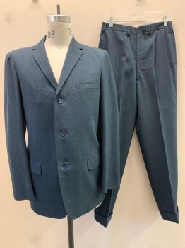 Mens, 1960s Vintage, Suit, Jacket, LEE CHANG TAI, French Blue, Black, Wool, Stripes - Diagonal , 38R, Notched Lapel, Single Breasted, 3 Button Front, 3 Pockets