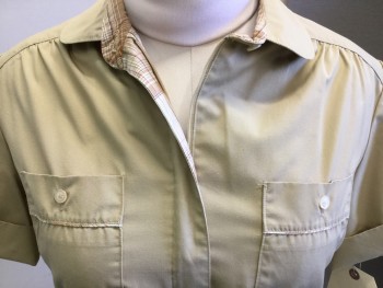 ALTOGETHER, Tan Brown, Polyester, Cotton, Solid, Short Sleeves, Zip Placket, 4 Pockets, Elastic Waist, Rounded Collar,