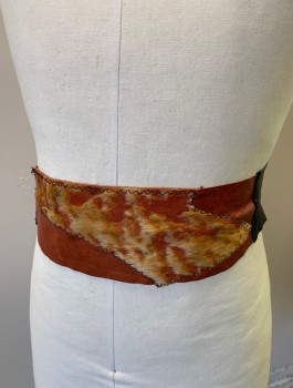 Unisex, Sci-Fi/Fantasy Belt, N/L MTO, Brown, Black, Ochre Brown-Yellow, Leather, Suede, Patchwork, Solid, W30-32, Pieced Together Leather and Suede, Calfskin with Fur Bits at Front, Raw Edges, 2-3 Inches Wide