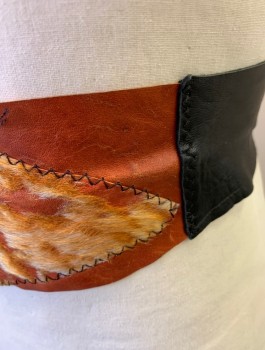 N/L MTO, Brown, Black, Ochre Brown-Yellow, Leather, Suede, Patchwork, Solid, Pieced Together Leather and Suede, Calfskin with Fur Bits at Front, Raw Edges, 2-3 Inches Wide