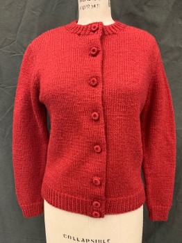 Womens, Sweater, N/L, Red, Wool, Solid, B 34, Cardigan, Ribbed Knit Neck/Waistband/Cuff, Yarn Covered Button Front