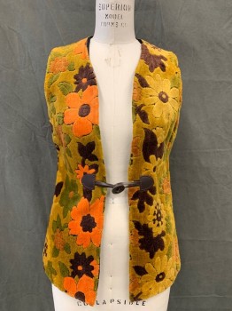 Womens, 1960s Vintage, Piece 1, N/L, Dijon Yellow, Orange, Dk Brown, Green, Cotton, Floral, S, Vest, Chenille, Brown Leather Loop Closure,