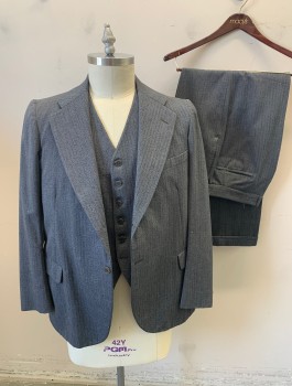 N/L, Slate Gray, Lt Gray, Wool, Herringbone, Single Breasted, Notched Lapel, 2 Buttons, 3 Pockets, Gray Lining,