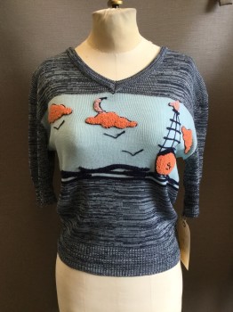 N/L, Navy Blue, Baby Blue, Coral Orange, Lt Pink, Acrylic, Heathered, Novelty Pattern, V-neck, Short Sleeves, Heathered with Knit Seascape with Clouds, Birds, & Ship on the Horizon, Pullover,