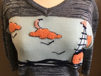 N/L, Navy Blue, Baby Blue, Coral Orange, Lt Pink, Acrylic, Heathered, Novelty Pattern, V-neck, Short Sleeves, Heathered with Knit Seascape with Clouds, Birds, & Ship on the Horizon, Pullover,