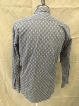 WHAT GOES AROUND, Faded Black, Gray, Blue, Cotton, Medallion Pattern, Button Front, Collar Attached, Button Down Collar, Long Sleeves, 1 Pocket
