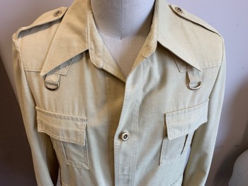 Mens, Jacket, N/L, Beige, Poly/Cotton, Solid, 46, Button Front, Collar Attached, 4 Pockets, Slubbed, D-ring Detail, Epaulets, Missing Belt