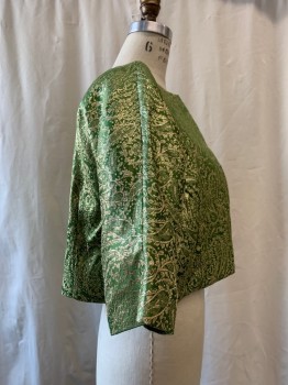 Womens, 1960s Vintage, Piece 2, NO LABEL, Green, Gold, Synthetic, Paisley/Swirls, B 38, Jacket, Brocade, Short Sleeves, Cropped,