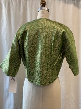 Womens, 1960s Vintage, Piece 2, NO LABEL, Green, Gold, Synthetic, Paisley/Swirls, B 38, Jacket, Brocade, Short Sleeves, Cropped,