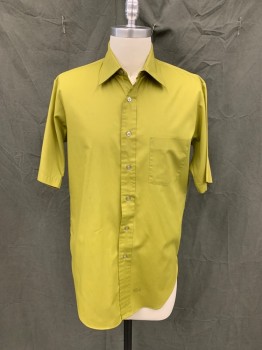 KENT, Pea Green, Cotton, Solid, Button Front, Collar Attached, Short Sleeves, 1 Pocket,