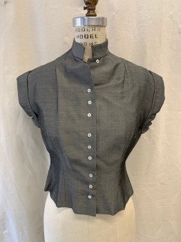 Womens, Shirt, MTO, Gray, Acetate, Heathered, W 28, B 36, Silvery Gray, Button Front, Stand Collar, Folded Back Cuff Cap Sleeve,
