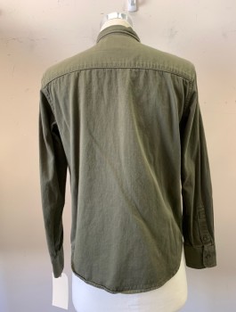 GENERAL GUARTERS, Olive Green, Cotton, Solid, Button Front, Collar Attached, Long Sleeves, 2 Pockets