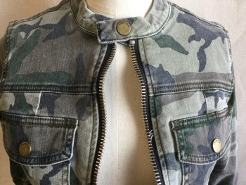 Womens, Casual Jacket, TEXT STYLE, Olive Green, Faded Black, Lt Olive Grn, Lt Brown, Cotton, Spandex, Camouflage, XS, Mandarin/Nehru Collar, Zip Front, 2 Pockets with Flap & 1 Brass Button, Long Sleeves with Zipper @ Cuff