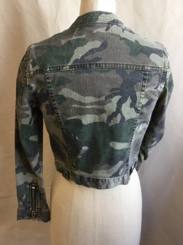 Womens, Casual Jacket, TEXT STYLE, Olive Green, Faded Black, Lt Olive Grn, Lt Brown, Cotton, Spandex, Camouflage, XS, Mandarin/Nehru Collar, Zip Front, 2 Pockets with Flap & 1 Brass Button, Long Sleeves with Zipper @ Cuff