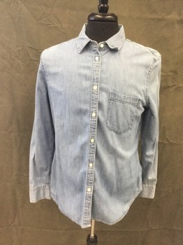 GAP, Denim Blue, Cotton, Solid, Button Front, Collar Attached, Long Sleeves, 1 Pocket
