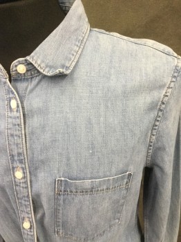 GAP, Denim Blue, Cotton, Solid, Button Front, Collar Attached, Long Sleeves, 1 Pocket