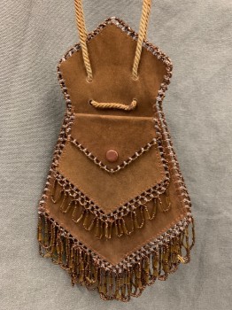 N/L, Brown, Suede, Beaded, Solid, Angular Suede, Rope Drawstring, 2 Snap Pockets, Beaded Edge with Looped Beads,