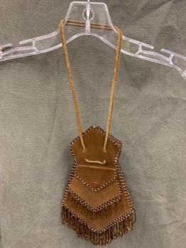 N/L, Brown, Suede, Beaded, Solid, Angular Suede, Rope Drawstring, 2 Snap Pockets, Beaded Edge with Looped Beads,