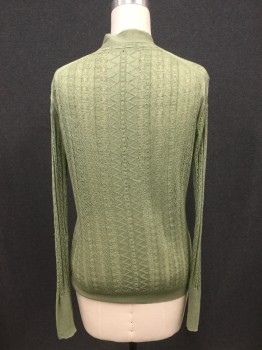 Womens, Sweater, ELIE TAHARI, Mint Green, Linen, Silk, Solid, S/P, Thin, Lace Knit, V-neck, Button Front, Ribbed Knit Placket/Cuff/Waistband, Lace Trim Placket, Drawstring Placket Detail