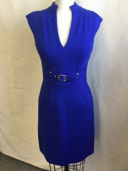 TRINA TURK, Royal Blue, Rayon, Nylon, Solid, Royal Blue Lining, High V-neck with Seams Design, Cap Sleeves, 3" High Waistband with Silver Metal Rectangle Buckle Front Center, Zip Back,