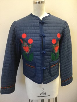 Womens, Jacket, ELLEN MILDAS, Navy Blue, Red, Green, Cotton, Solid, Novelty Pattern, B:34, Horizontally Quilted,, Red/Green Navy Flowers, Dots, Hearts Appliqués, 2 Patch Pockets, 4 Button and Loop Closures at Center Front, Cherry and Leaf Pattern Trim,