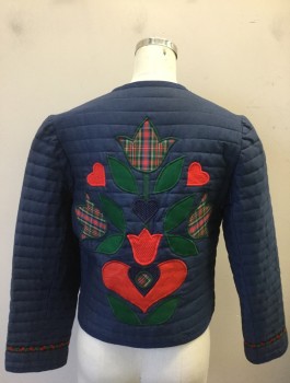 Womens, Jacket, ELLEN MILDAS, Navy Blue, Red, Green, Cotton, Solid, Novelty Pattern, B:34, Horizontally Quilted,, Red/Green Navy Flowers, Dots, Hearts Appliqués, 2 Patch Pockets, 4 Button and Loop Closures at Center Front, Cherry and Leaf Pattern Trim,