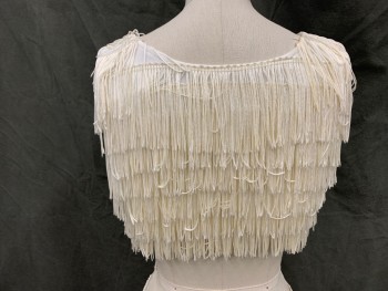 Womens, 1960s Vintage, Piece 1, MTO, Ivory White, Polyester, Solid, B 32, Layers of Fringe, Scoop Neck, Sleeveless, Crop Top, Stretch, Side Zip, Reproduction, Top and Skirt