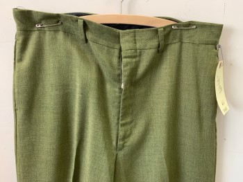SEARS, Olive Green, Wool, Polyester, Solid, Flat Front, 4 Pockets, Light Weight, Cuffed