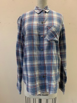 Womens, Top, CURRENT ELLIOT, Navy Blue, Blue, Lt Gray, Brown, Cotton, Linen, Plaid, 0, Button Front, Collar Attached, Long Sleeves, 1 Pocket,