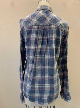 Womens, Top, CURRENT ELLIOT, Navy Blue, Blue, Lt Gray, Brown, Cotton, Linen, Plaid, 0, Button Front, Collar Attached, Long Sleeves, 1 Pocket,