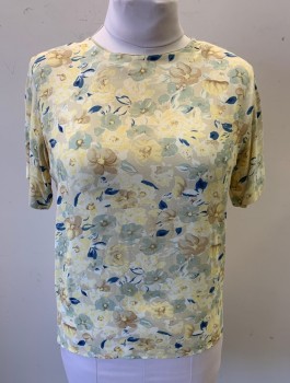Womens, 1990s Vintage, Top, TALBOTS PETITES, Beige, Off White, Lt Yellow, Navy Blue, Lt Brown, Rayon, Floral, 10P, Crepe, Short Sleeves, Round Neck, Pullover, Padded Shoulders, 2 Button Closures at Center Back Neck,