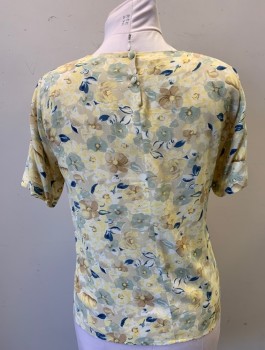 Womens, 1990s Vintage, Top, TALBOTS PETITES, Beige, Off White, Lt Yellow, Navy Blue, Lt Brown, Rayon, Floral, 10P, Crepe, Short Sleeves, Round Neck, Pullover, Padded Shoulders, 2 Button Closures at Center Back Neck,