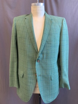 DUNHAVEN, Green, Brown, Wool, Polyester, Plaid, Dark Green Satin Acetate Half Lining, Two Vents, Flap Pockets, Narrow Notch Collar, Two Button, Light Faux Wood Buttons