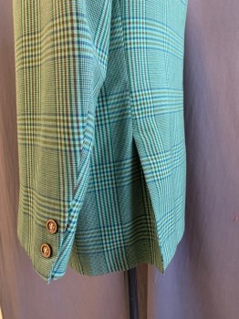 DUNHAVEN, Green, Brown, Wool, Polyester, Plaid, Dark Green Satin Acetate Half Lining, Two Vents, Flap Pockets, Narrow Notch Collar, Two Button, Light Faux Wood Buttons