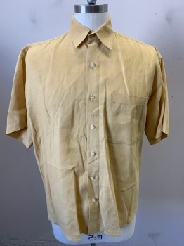 Mens, Shirt, SAKS FIFTH AVE, Dijon Yellow, Linen, Solid, M, Button Front, Short Sleeves, 1 Pocket, Collar Attached, 1 Broken Button