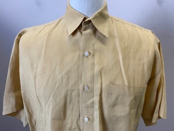 SAKS FIFTH AVE, Dijon Yellow, Linen, Solid, Button Front, Short Sleeves, 1 Pocket, Collar Attached, 1 Broken Button