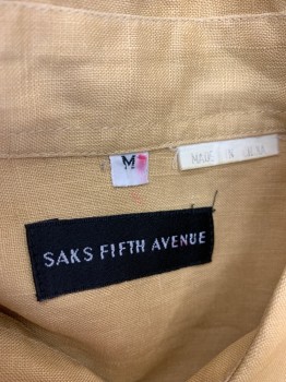 SAKS FIFTH AVE, Dijon Yellow, Linen, Solid, Button Front, Short Sleeves, 1 Pocket, Collar Attached, 1 Broken Button