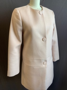 Womens, Coat, CLUB MONACO, Lt Pink, Polyester, Wool, Solid, XS, Single Breasted, Hidden Snap Closures Under 3 Fabric Buttons, No Lapel/Collar, Round Neck, 2" Wide Dropped Waistband, 2 Side Seam Pockets, Hip Length