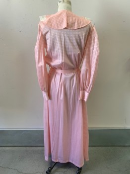 Womens, 1980s Vintage, Piece 1, INTERLUDES, Pink, White, Polyester, Polka Dots, S, Sleepwear, Robe, C.A., Lace Trim, L/S, Tie Front
