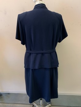 Womens, 1980s Vintage, Dress, N/L, Navy Blue, White, Polyester, Solid, W52, B50, H50, Shawl Collar, S/S, Back, Pleated Shoulders, Peplum Waist, 2 Pockets with White Trim,