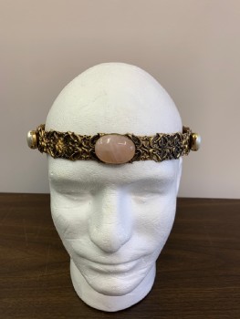MTO, Antique Gold Metallic, Pink, White, Metallic/Metal, Beaded, Novelty Pattern, Adjustable Gold Ribbon Ties, Pink stones, White Pearl Beads
