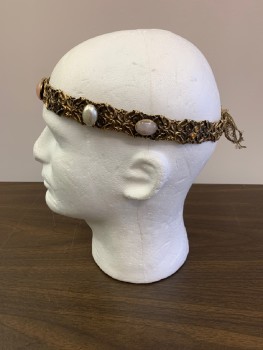 MTO, Antique Gold Metallic, Pink, White, Metallic/Metal, Beaded, Novelty Pattern, Adjustable Gold Ribbon Ties, Pink stones, White Pearl Beads